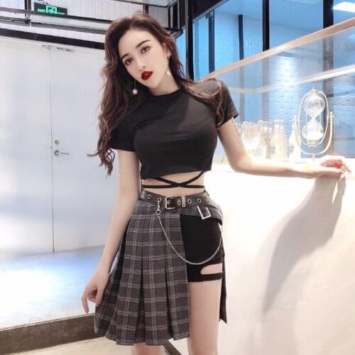 Harajuku Style Women Skirts Set Summer High Waist Shorts + Mini Plaid Skirt Female Pleated Skirts Womens Bottoms 2019