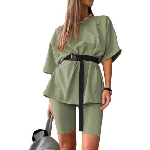 Fashion Casual Home Solid Color Loose T-shirt Shorts Female Playsuits New with Belt 2020 Summer Womens Two Piece Sashes Regular