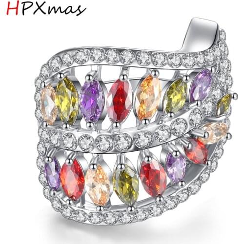 HPXmas Fashion Luxury Rainbow crystal mixed color Colorful Leaf shaped Ring Women Jewelry Wedding Engagement Promise Gift A41