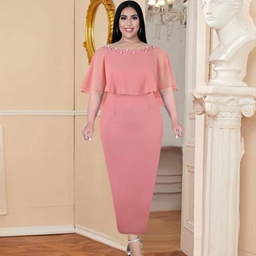 Women Pink Long Dresses Party Beading Clock Sleeve Elegant Prom Plus Size Bodycon Lady Celebrate Evening Cocktail Party Dress