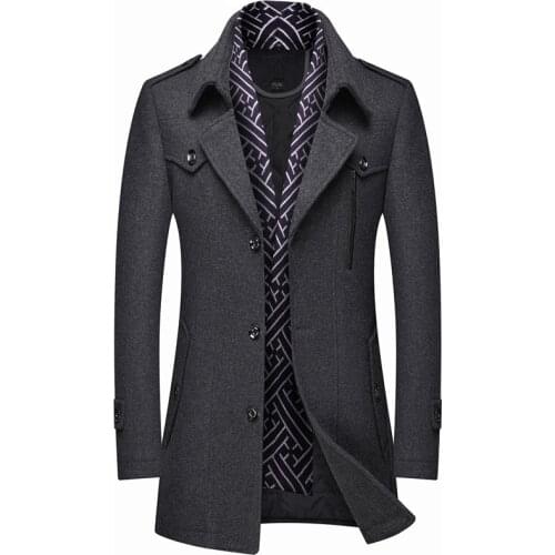 Winter Mens Wool Jacket Mens Long Windproof Wool Coat Thick Slim Business Casual Jacket Male