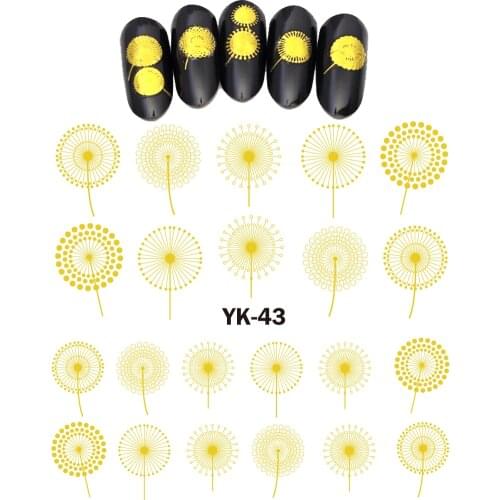 UPRETTEGO Gold/ Silver Water Stickers Metallic Nail Decals FLOWER DANDELION BLOW BALL FLYING UMBRELLA YK43-48