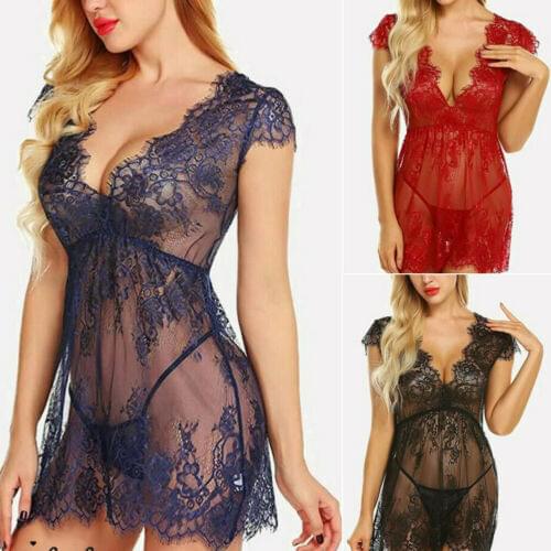 Deep V-neck Sexy Lingerie Lace See Through Sexy Underwear Womens Babydoll Lingerie Exotic Dresses Sleepwear G-String 2PCS
