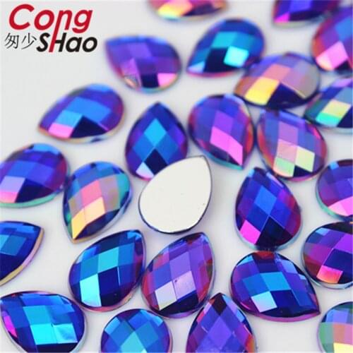 Cong Shao 200PCS 10*14mm AB Blue Crystal Acrylic Rhinestones applique Drop flatback Beads For Clothes Decoration Craft CS189B