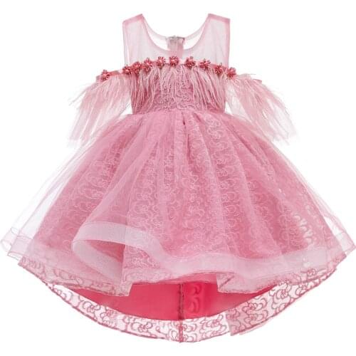 Toddlers Girl Dress Christmas Feather Dress Shoulder off Hand-made Tiers Mesh Wedding Flowers Dress Easter Holiday Wear 4-10y