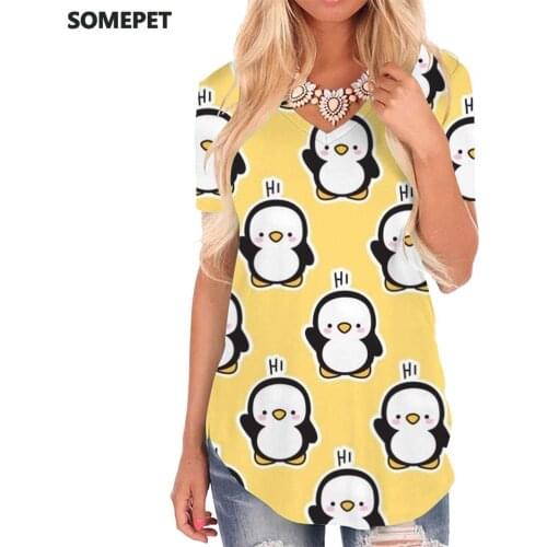 SOMEPET Penguin T Shirt Women Animal V-neck Tshirt Yellow Tshirts Printed Lovely T-shirts 3d Womens Clothing Hip hop Loose New