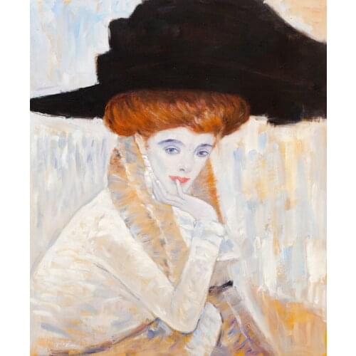 Gustav Klimt Oil Paintings Reproductions - Black Feather Hat Classic Women Portrait Painting Canvas Art