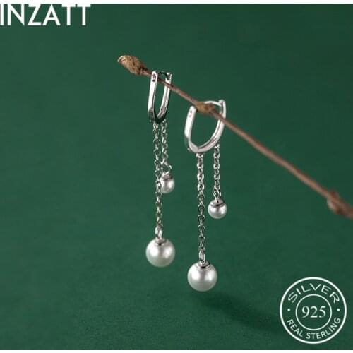 INZATT Real 925 Sterling Silver Pearl Tassel Hoop Earrings For Fashion Women Party cute Fine Jewelry Minimalist Accessories