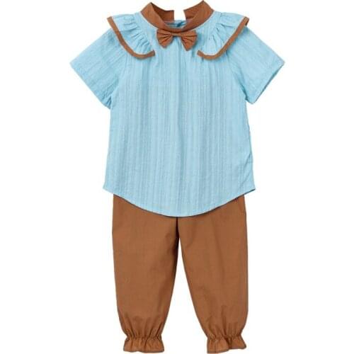 Summer Kids Girls Set Blue Shirt + Ruffles Pants Suits for Kids 2pcs