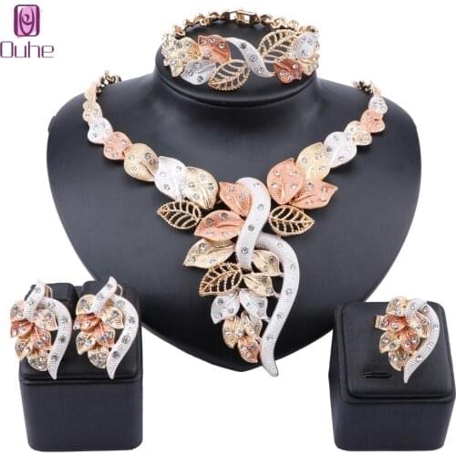 African Dubai Gold Jewelry Nigerian Crystal Necklace Hoop Earrings Ring Women Italian Bridal Jewelry Sets Wedding Accessories