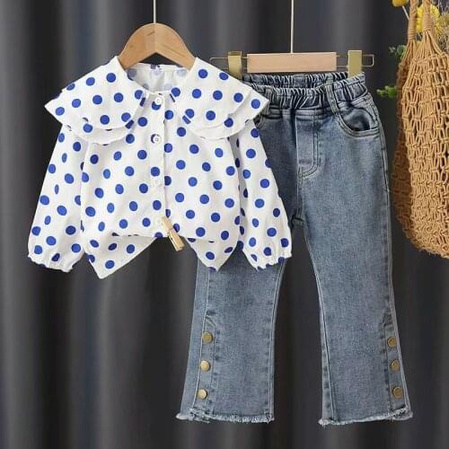 Girls Clothing Sets New Dot shirt+Boot Cut Jeans 2Pcs for Kids Clothing Sets Baby Outfits Clothes Cotton Fashion 2021 2-7Year