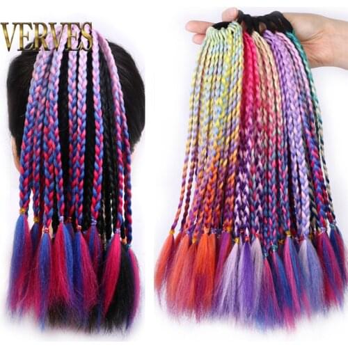 Ponytail hair extension with Rubber Ring Ombre Braid Hairpiece Chignon Synthetic hair 12 inch Rainbow color Girls Party hair tie