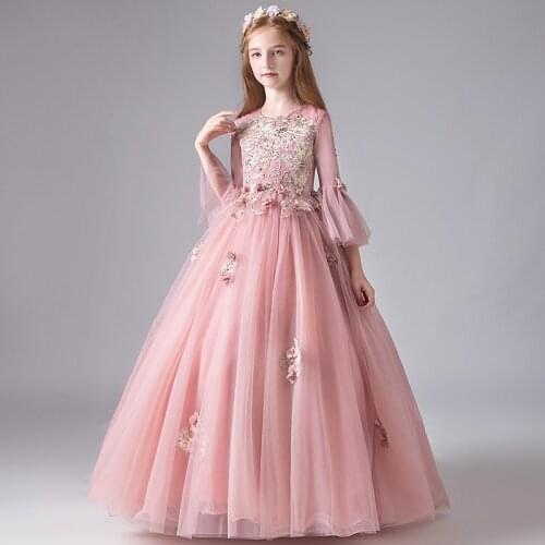 Royal Ball Gown Flower Girls Dress Three Quarter Sleeves Layers Tulle with Floral Embroidery Girls Party Dress