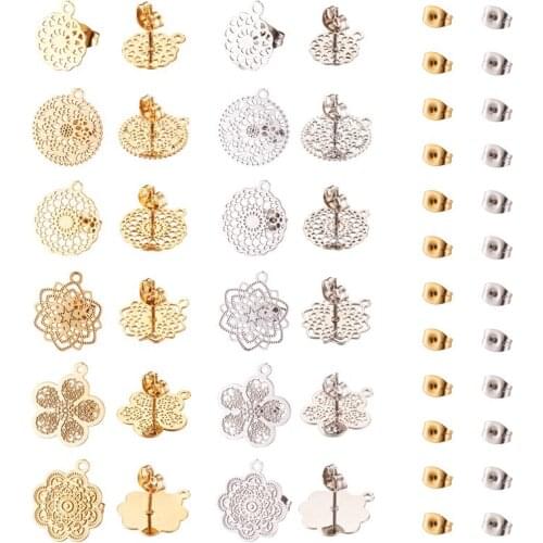 24pcs/box 304 Stainless Steel Stud Earring Findings with Loop Flower & Flat Round for Jewelry Making DIY Earring Women Jewelry