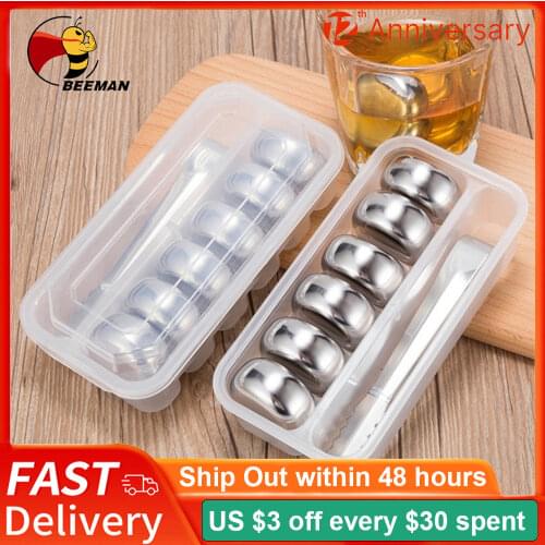 6PCS Stainless Steel Ice Cubes Whisky Wine Cooler with tongs Beer Cooling Reusable Chilling Stones Island with Clip Storage Box