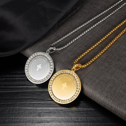 Men Women Bible Cross Round Pendant Stainless Steel Necklace Fashion Punk Coin Medal Zirconia Jewelry Gift