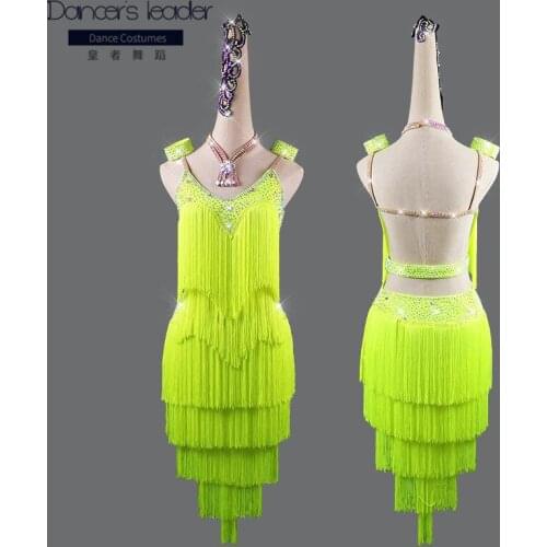 2020 New Latin Dance Fringe Dress Female Sexy Backless Neon Yellow Tassel Party Club Stage Girls Women Dance Competition Dress