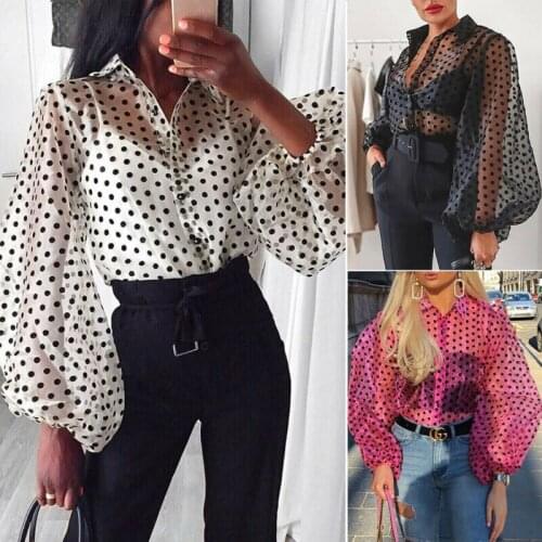 New Fashion Women Chiffon Lace Mesh Sheer See-through Polka Dot Party Puff Sleeve Tops Lady Perspective Shirts Lace Up Blouse