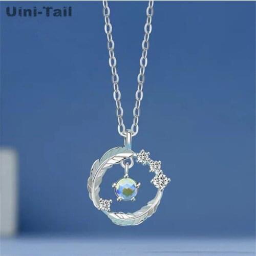 Uini-Tail hot sale new style 925 sterling silver feather round bead micro-inlaid necklace fashion trendy flow sweet high quality