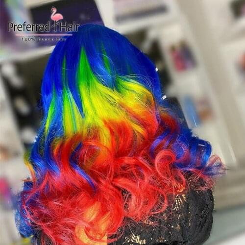 Preferred Blue Green Ombre Human Hair Wig Pre Plucked Yellow Red Straight Lace Front Wig Remy Brazilian Transparent Lace Wigs