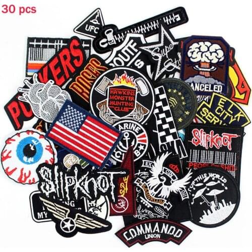 30pcs/lot Punk Fashion men boys Patches Badges Embroidery iron on for clothes Patches DIY sewing ccessory