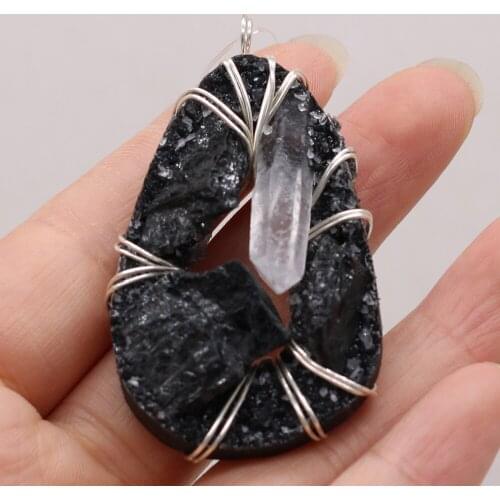 1pcs Natural Stone Druzy Water Drop Shape Black Crystal Pendants Charms for Necklace Jewelry Making DIY Accessory Size 35x55mm