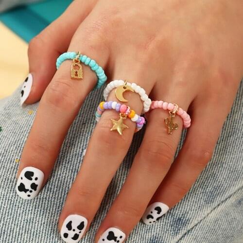 Colorful Beaded Rice Beads Adjustable Fun Ring Women Stars Moon Pendant Ring Set