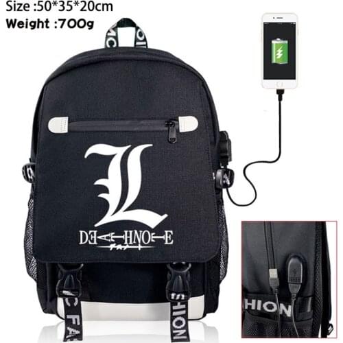 Anime DEATH NOTE Backpack Teenager Zipper Rucksack Student Casual USB Charging School Bag Boys Girls Shoulders Travel Laptop Bag