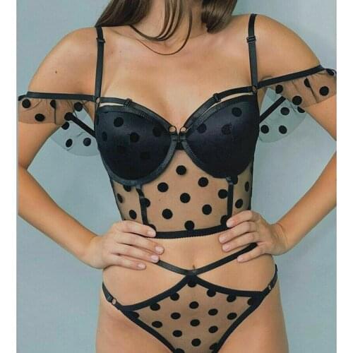 Sexy Women Lingerie Bra Cropped Bustier Polka Dot Lace Off shoulder Bralette Bralet Bra Top High waist G-String Underwear Set