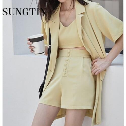 Sungtin 3 Piece Set Blazer Women Tanks Tops Sexy A Line Shorts Short Sleeve Blazer Suits Casual Summer Korean High Quality Suit