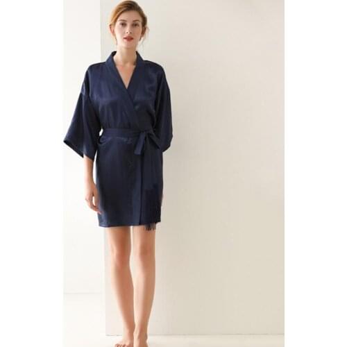 Navy Blue Women Night Dressing Half Sleeves Short Pajamas Robe Bathrobe Silk Bridesmaid Robes NW71