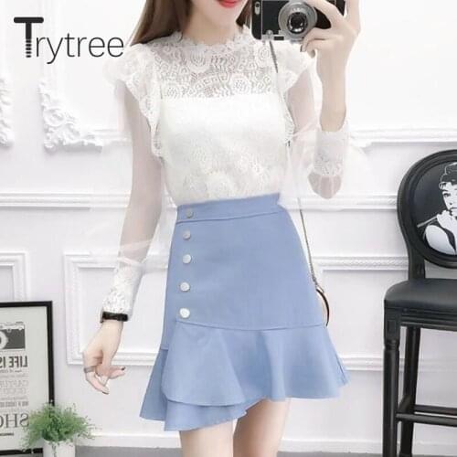 Trytree 2021 Spring Summer Two piece set Casual Lace Mesh Lantern Sleeve Shirt + Zip Ruffled Hem Mini Skirt Sweet 2 Piece Set
