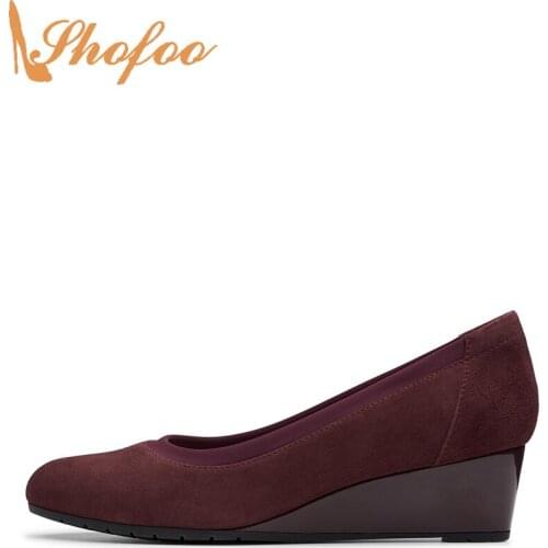 Burgundy Pumps Med Wedge Heels Women Round Toe Slip On Flock Large Size 12 15 Ladies Summer Fashion Office Mature Shoes Shofoo