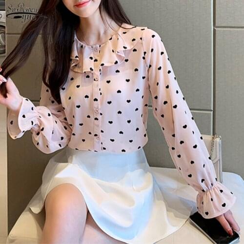 2021 Autumn Casual O-neck Printed Chiffon Blouses Fashion Women Shirts Long Sleeve Ruffle Women Top Blusas Mujer De Moda 6200 50