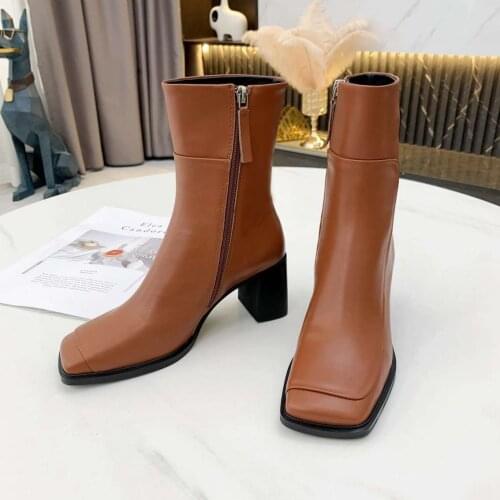 Square Toe Ankle Boots Women High Heels Cozy Female Botine Zipper Shoes Woman Genuine Leather Botas De Mujer 2021 High Quality