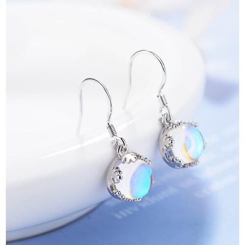 925 Sterling Silver Moonstone Round Charm Stud Earrings For Women Party Wedding Jewelry Pendientes Brincos Prevent allergy eh940