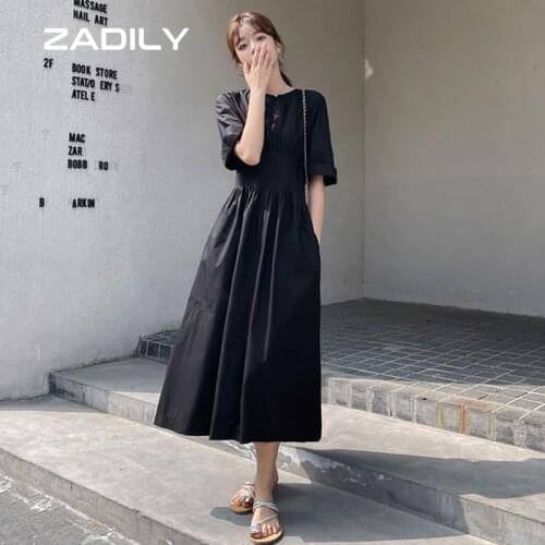 ZADILY Folds Hight Wasit Half Sleeve Maxi Dress Women Casual Solid O Neck Ladies Dress 2021 Summer Female Holiday Robe Clothing