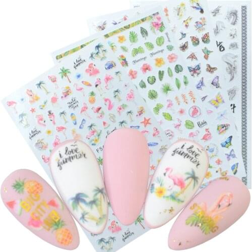 1PC DIY Nail Sticker Green Coconut Tree Flamingo Pineapple Design 3D Self Adhesive Embossed Decals Nail Art Foil Decoration