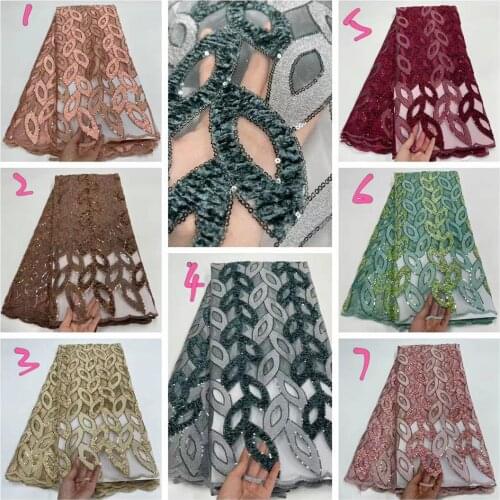 2021 High Quality Sequence Velvet French Nigerian Sequins Net African Tulle Mesh Lace Fabric For Dress 5 Yards/Lot YL0613