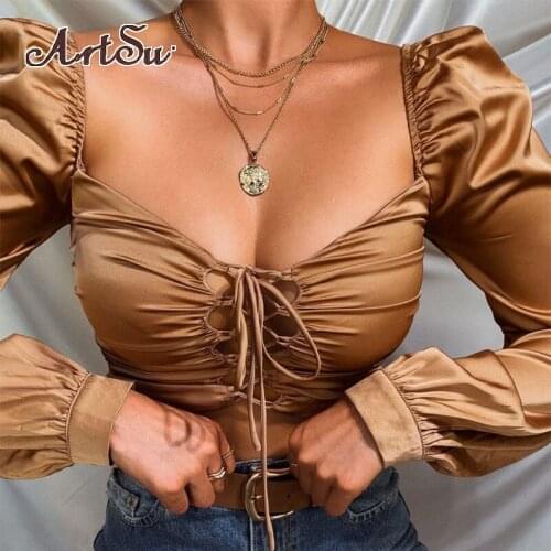 Artsu 2020 Fall Tie Front Women Tops and Blouses Shirts Square Collar Puff Long Sleeve Elegant Vintage Shirt Tops Lacing