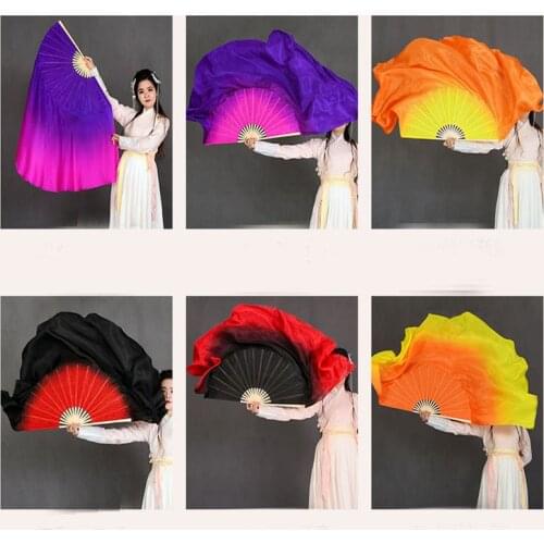 Double-Side Women Real Silk Fan Veil Half Circle Belly Dance Short Fans Performance Show Props big Size (1L+1R)
