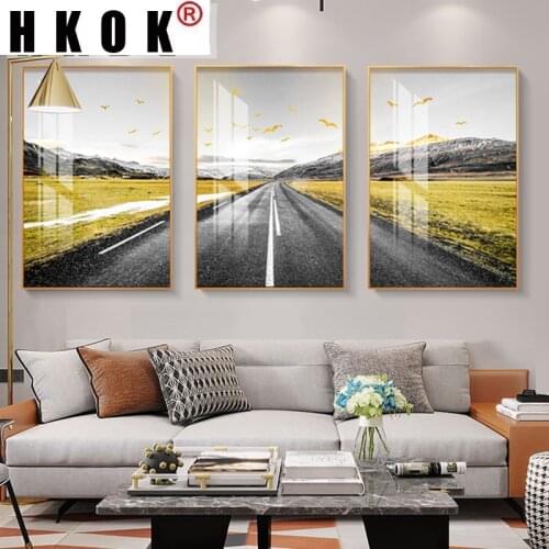 HKOK Road Golden Flower Bird Crops Pictures Canvas Paintings Wall Art Landscape Posters Prints Living Room Home Decoration