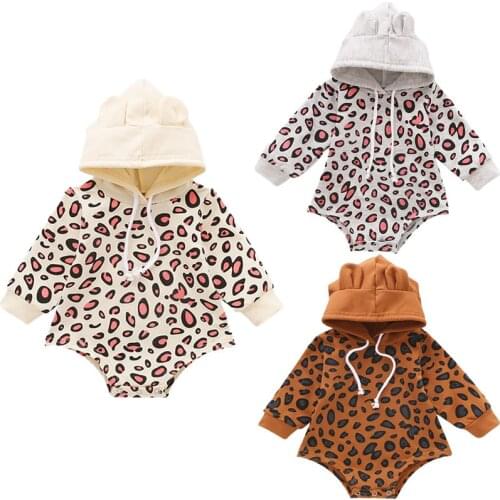 Toddler Babies Girls Ears Hoodie Bodysuit , Baby Long Sleeve One Piece Bodysuit, Leopard Printing Hoodie Spring Autumn