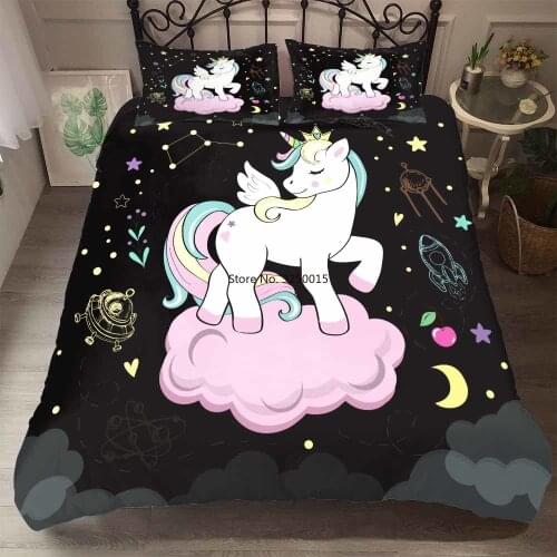 Girls Sweet Dream Bedding Angel Unicorn Princess Comforter Set Double King Duvet Set Winter Bedspread Black Background Bed Cover