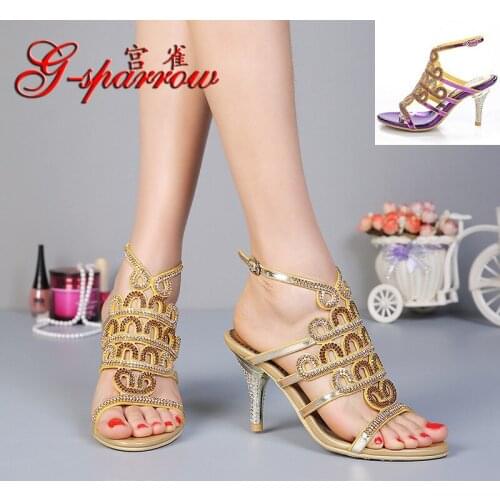 G-sparrow 2018 New Womens Fashion Hollow Crystal Rhinestone High Heels Gold Diamond Open Toe Elegant Wedding Shoes