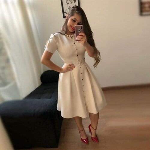Summer Dress Womens Dresses With Belt O-Neck Short Sleeve A-Line Single-Breasted Slim Midi Dress For Women Vestidos Femme Robes
