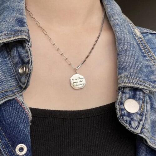 Simple Geometric Round Disc Pendants Asymmetric Silver Color Clavicle Chain Letter Necklaces for Women Ladies Minimalist Jewelry