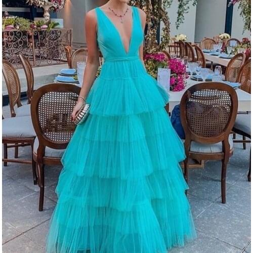 Blue prom dresses 2020 deep v neck tiered a line tulle floor length evening dresses