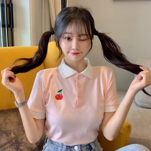 Loose Cherry Print Cute Tshirt Womens T-shirts Tops Japanese Kawaii Ladies Ulzzang Female Korean Harajuku Clothes For Women