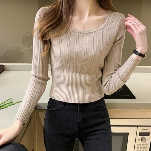 Knitted Women Slim Long Sleeve Sweaters Spring Autumn Black Pullovers Top Femme All-match Soft Elasticity Tricot Crop Top Female